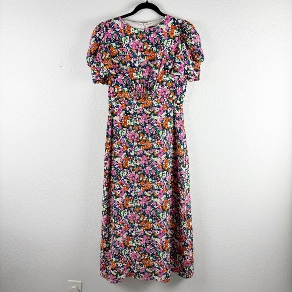 Saloni Bianca Printed Silk Puff Sleeve Midi Dress Pink Rosette Size 12 Cocktail - Picture 2 of 9